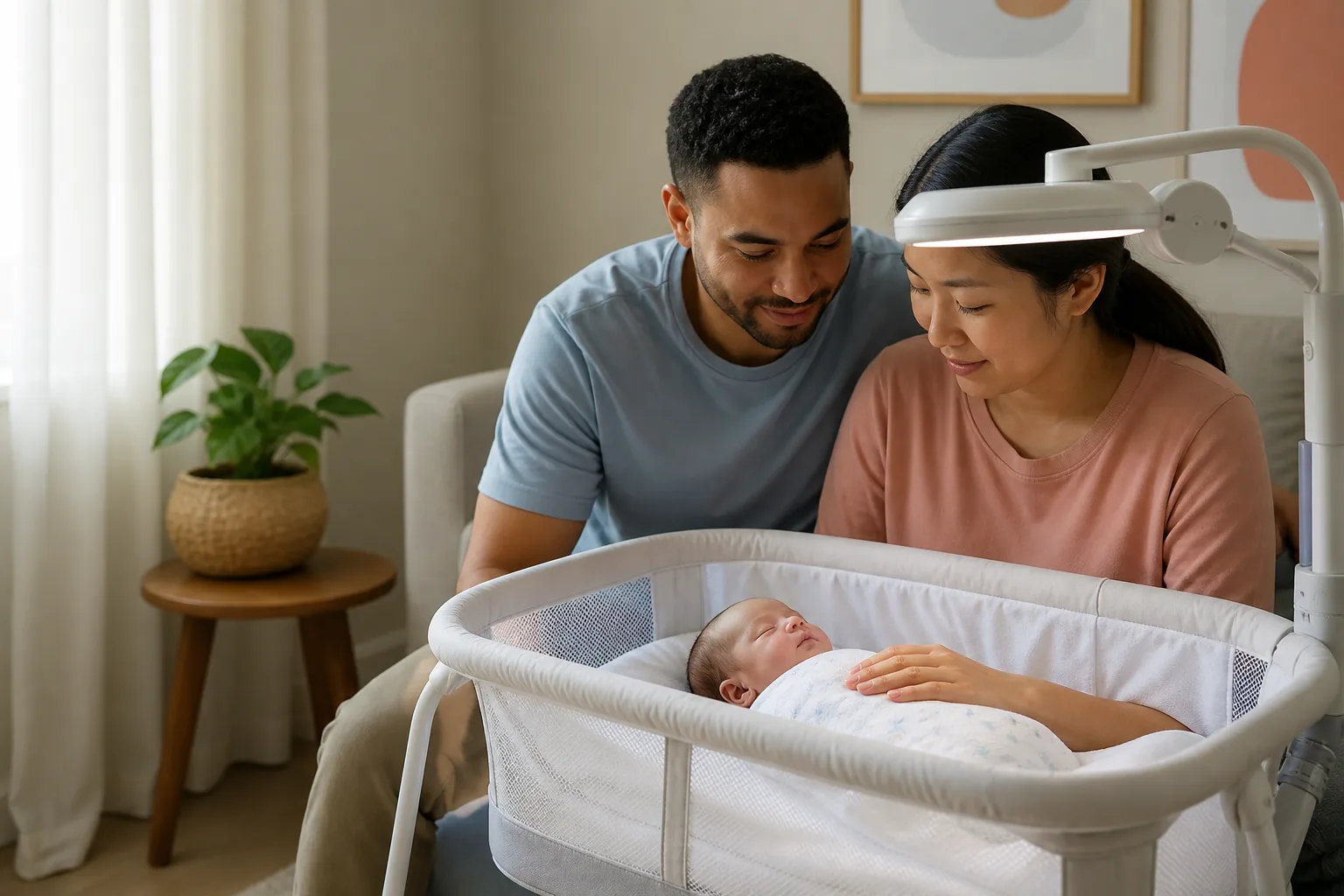 Família acompanhando o tratamento de fototerapia do recém-nascido em casa